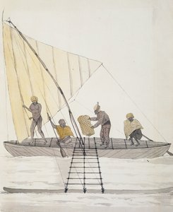 Innfødte fra Iles Basses og balansert seilkano, akvarell av Jules-Louis Lejeune, fra Duperrey