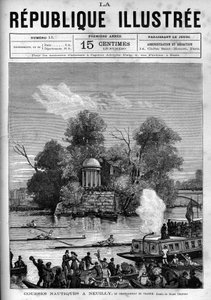 Nautical races: French rowing championship organized on the Seine facing the Ile de la Grande Jatte in Neuilly. A newspaper. Engraving from 1880 in “La republique illustree”” private collection. av French School