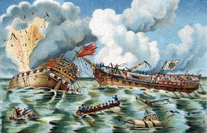 Sjøkamp mellom "Supervisante" og "Quebec", 6. oktober 1779 ikke langt fra Ouessant. Den franske fregatten ble kommandert av kaptein Du Couedic de Kergoaler, den engelske fregatten av kaptein Farmer. Kromolitografi rundt 1890. av French School