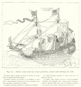 Kongeskip med sine ulike flagg; etter et trykk fra 1666 (gravering) av French School