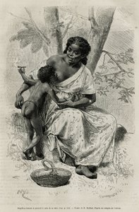 Negillon røyker og tar brystet til sin mor, i Darien-regionen (østlige Panama), graverer etter en tegning av D. Maillart, for å illustrere historien Exploration at the isthms of Panama and Darien, av A. Reclus, skipsløytnant, fra 1876 til 1878 av French School
