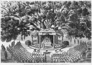 Ny-Caledonia, feirer messe på øya Nou, etter en penn- og blekktegning av en transportert illustrasjon fra bulletinen Les Missions Catholiques, 1875 av French School
