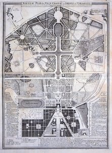 Ny plan for byen, slottet og hagene i Versailles, 1714, fra Les Plans, Profils et Elevations des Villes et Chateau de Versailles, publisert ca. 1715 av French School