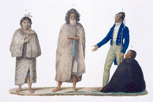 New Zealand-innfødte i urfolk og vestlig kjole, 1826 av French School