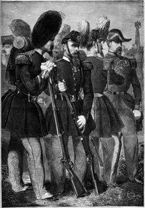 Nye uniformer fra den franske keisergarden i 1860. Gravering i "" Le Monde Illustré"" nr. 165 av 9. juni 1860. av French School