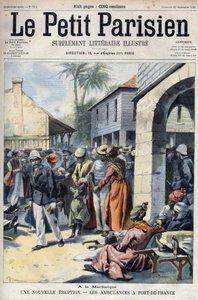 Nytt vulkanutbrudd fra vulkanen Montagne Pelee på Martinique: ambulanser i Fort de France (Fort-de-France). Gravering i ""Den lille pariser"" av French School