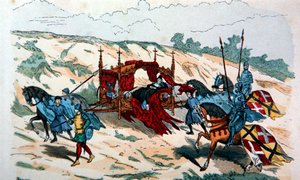 Adelsmann blir båret i et kull av holdere på 1300-tallet i Europa (farge litho) av French School