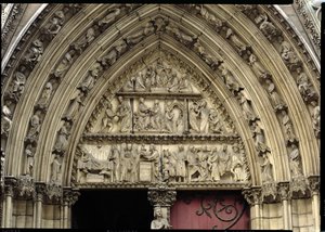 North transept portal, detail of tympanum depicting scenes from The Infancy of Christ and the Story of Theophilus av French School