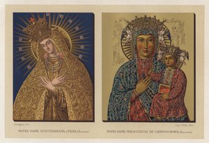 Vår Frue av Ostrabrama i Vilna, Polen; Our Lady Miraculous of Czenstochowa, Polen (chromolitho) av French School