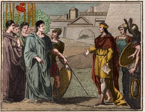 Numa Pompilius, den legendariske andre kongen av Roma, returnerer det hellige skjoldet til prestene på Mars. av French School