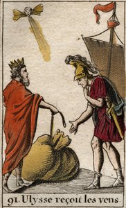 Odyssee of Homere: Eole, kongen av øya Cyclops, donerer til Ulysses posen som inneholder vindene slik at han kan få dem til å fungere for sine egne. (Homer's Odyssey: Aeolus, kongen av øya Kyklopen gir Odysseus en pose som inneholder vindene mulig av French School