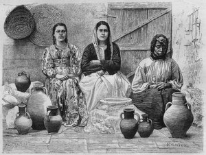 Oljehandlere i Jerusalem, fra Syria i dag. Reiser i Fønikia, Libanon og Judea. 1875-1880 av Louis Charles Emile Lortet, 1884 (bw gravering) av French School