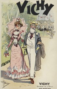 Gammel mann og ung jente går, reklame for Vichy av French School