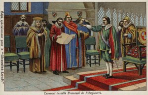 Oliver Cromwell utnevnt til Lord Protector of the Commonwealth, 1653 av French School