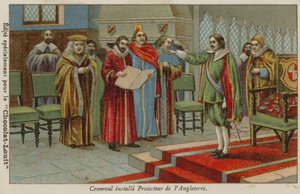 Oliver Cromwell sverget inn som Lord Protector av England, Skottland og Irland, 1653 av French School