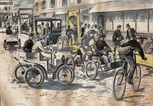 On 5 Oct.1899, under-secretary of state at the post office Leon Mougeot (1857-1928) presided over the first tests of bicycles and various automobiles, for the lift of mail, at the central post office of the XII arrondissement of Paris. Engraving in “” Le P av French School