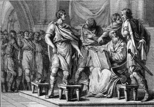 On the death of Clotaire (Clothaire) 1st, King of the Franks, his four sons each received part of the kingdom. Their names are Caribert 1er or Charibert (ca. 520-567), Gontran 1er (ca. 545-592), Sigebert I (535-575) and Chilperic I (ca. 539-584). Engraving av French School