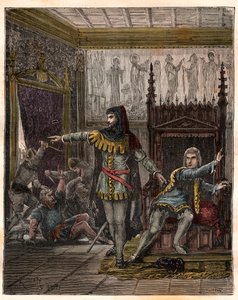 Hundre års krig: "" Delfinen Charles (den gang Charles V) (1338-1380) (den første delfinen i Frankrike) og Etienne Marcel (1302/1310-1358) som myrdet to ministre (marechaux) Robert de Clermont og Jean de Konflans i rommet til den franske delfinen kl av French School