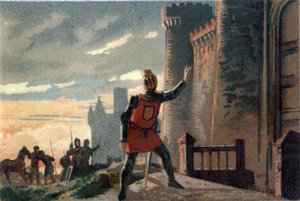 Hundre års krig: Etter nederlaget i slaget ved Crecy, banker kongen av Frankrike Filip VI av Valois (1294-1350) på døren til Chateau de Broye og sier "Åpne opp, det er Frankrikes formue!" (eller "Åpen, det er den ulykkelige kongen av Frankrike! av French School