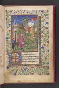 Åpningsside. En herre i et landskap, etterfulgt av en annen på hest, med tre damer.  Le livre des quatre dames; av Alain Chartier. Le livre des quatre damer; av Alain Chartier.  Chartier, Alain, Uspesifisert, sekretær for Charles V av French School