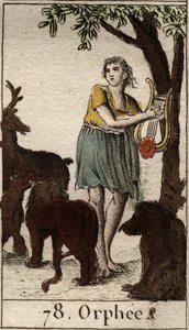 Orpheus sjarmerer de ville dyrene ved å spille sin lyre fra "Mythologie de la jeunesse" av Pierre Blanchard 1803. av French School