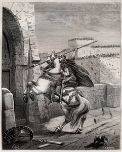 Otto II, den hellige romerske keiseren før Paris - Otton II av det hellige rike, kjent som Roux (955-983) irriterer seg over å ikke kunne trenge inn i Paris (Paris hovedkvarter, 978), rykker frem under byens murer for å plante sin spyd i døra - gravering i av French School