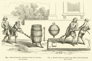 Otto de Guericke prøver å skape et vakuum i en tønne, andre mottaker brukt av Otto de Guericke for å lage et vakuum (gravering) av French School