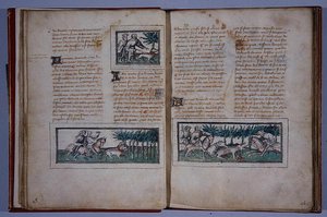 Side 57 og 58, fra Le Livre du Roy Modus et de la Royne Racio, av Henri de Ferrieres, ca. 1420 (penn og blekk og wc på papir) av French School