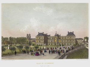 Luxembourg-palasset, fasade på hagen (farge litho) av French School