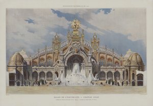 Palace of Electricity and Chateau of Water, universell utstilling 1900, Paris (farge litho) av French School