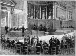 Palais du Luxembourg i Paris: valg av 30. januar for valg av senatorer for departementet Seine. Stående er stolen i den ene hånden gjenkjent som Victor Hugo (1802-1885), politiker. Gravering i "" L'univers illustrious"" av French School