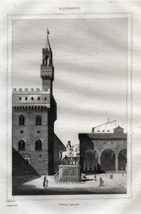 Palazzo vecchio in Florence - Piazza della Signoria - Engraving from “” Picturesque Italy” - Historical and Descriptive Painting of Italy” by M. de Norvins, Ch. Nodier 1834-1836. av French School