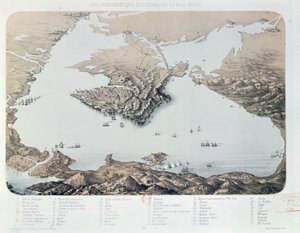Panoramautsikt og plan over Sevastopol og Svartehavskysten på tidspunktet for Krim-krigen, 1855 av French School