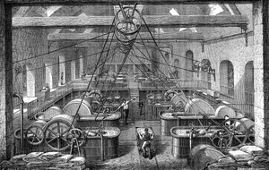 Papirindustri: verksted for raffinering og bleking av papirmasse. Gravering 1867 av French School