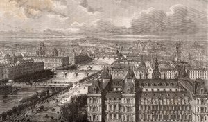 Paris - la seine - les Ponts - vue prise de la tour Saint-Gervais - engraving in “La France illustree: geography, history, statistical administration” by V.-A. Malt-Brown. 1884 av French School