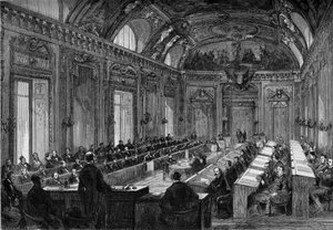 Paris, 4. august 1871: første møte i kommunestyret i tronsalen i Palais du Luxembourg. Gravering i "" Le Monde Illustré"" nr. 748 av 12. august 1871. av French School