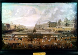 Paris, utsikt over Pont-neuf (Pont Neuf), Palais du Louvre og College of Four Nations rundt 1680 (olje på lerret) av French School