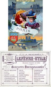 Paris, forsiden og baksiden av et kampanjekort for Lefèvre-Utile (LU) kjeks, sent på 1800-tallet av French School
