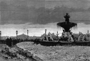 Paris under snøen, vinteren 1879-1880: utsikt over en av fontenene på Place de la Concorde under frosten. Gravering av Scott i "" The Illustrous World"" nr. 1188 av 3. januar av French School