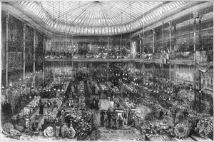 Parisiske varehus: utsikt over Little Saint Thomas-butikkhallen i 1878. Gravering av Scott i "" The Illustrous World"" nr. 1124 av 12. oktober av French School