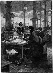 Parisisk scene på 1800-tallet: en fiskehandler og en klient i Halles sentral. Derbiergravering fra Gilberts maleri. Sent på 1800-tallet. I "" Verdens hovedsteder: Paris""". av French School