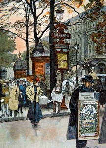Parisisk gatebilde nær metrostasjonen Palais-Royal, ca. 1900 (farge litho) av French School