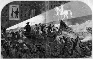 Fest i gatene i New York (New York) for å feire installasjonen av den transatlantiske telegrafiske kabelen mellom USA (USA) og England i 1858. Gravering i "" Le Monde Illustré"" nr. 79 av 16. oktober 1858. av French School