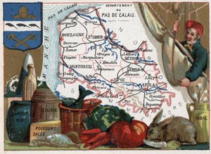 Pas de Calais (62), Nord Pas de Calais (Nord-Pas-De-Calais), Frankrike. Lokale spesialiteter: svart såpe, skitten fisk, cider og tobakk. Serie om de franske avdelingene. Chromolithography (Chromo) "" den geografiske tråden"", ca 1920. Privat samling. av French School