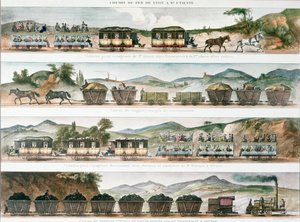 Passasjerer og gods på den første franske linjen åpnet mellom Lyon og St. Etienne, 1829 (farge litho) av French School
