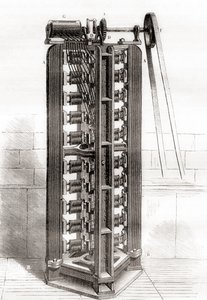 Paul-Gustave Froments vertikale elektromotor, ca. 1844, fra Les Merveilles de la Science, utgitt ca. 1870 (gravering) av French School