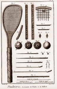 Paulmerie - Palmespill - Paulme og biljardinstrumenter - palmespillpaddle-flaggermus eller battoirer - "" La Grande Encyclopédie, ou Dictionnaire Raisonne des Sciences, des Arts et des Metiers" (Encyclopedia or Dictionary of the Sciences, Arts and Professi av French School