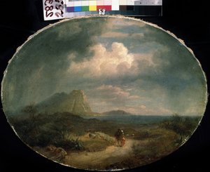 ""Italiensk landskap"" Strandlandskap i stormfullt vær med et par som går på en vei. Maleri av den franske skolen fra begynnelsen av 1800-tallet. Mikhail Kroshitsky kunstmuseum, Sevastopol (Sevastopol) Ukraina av French School
