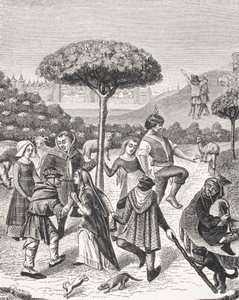 Mai-festenes bondedanser, etter en miniatyr i en bønnebok fra 1400-tallet, fra 'Le Moyen Age et La Renaissance' av Paul Lacroix (1806-84) utgitt 1847 av French School