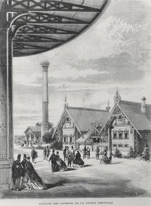 Bondehus ved den russiske paviljongen ved Exposition Universelle i 1867 (litho) av French School